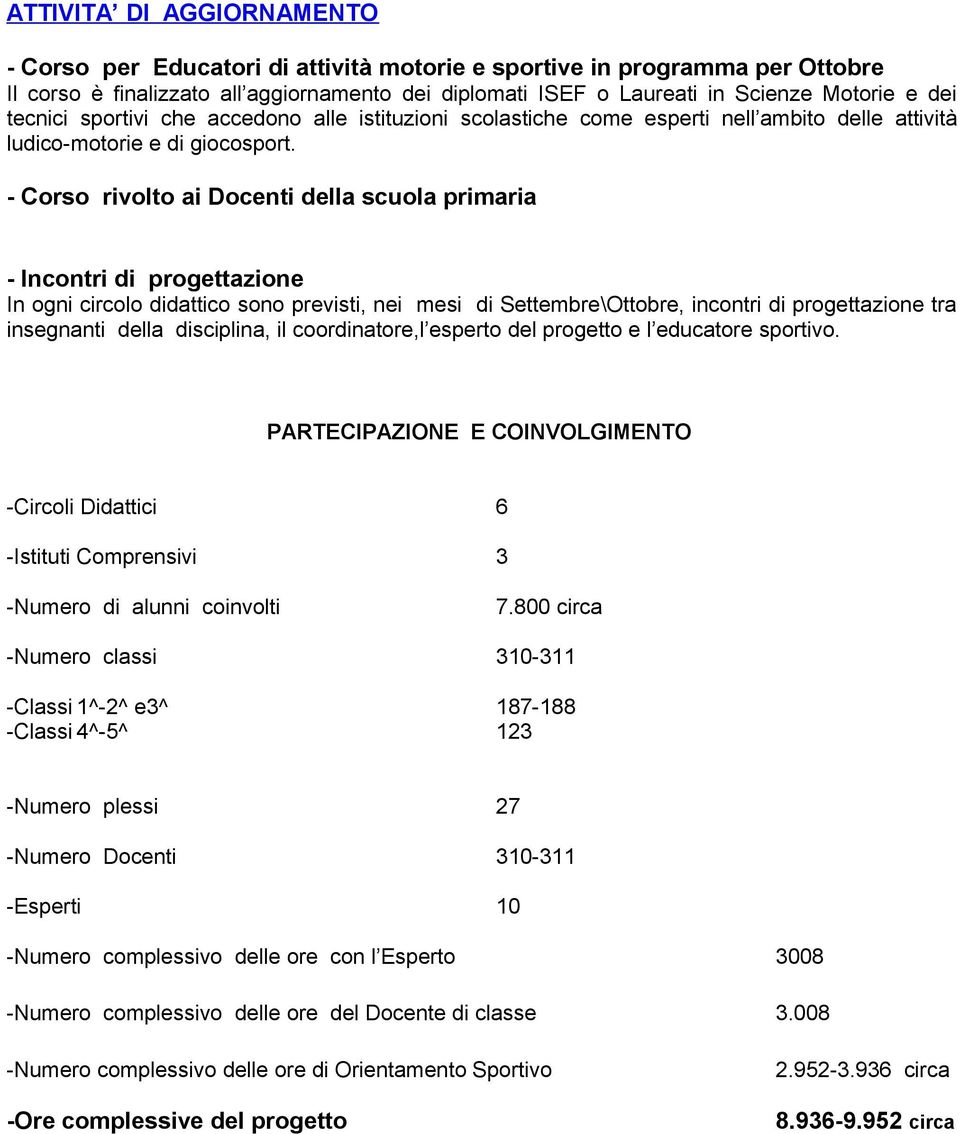 - Corso rivolto ai Docenti della scuola primaria - Incontri di progettazione In ogni circolo didattico sono previsti, nei mesi di Settembre\Ottobre, incontri di progettazione tra insegnanti della