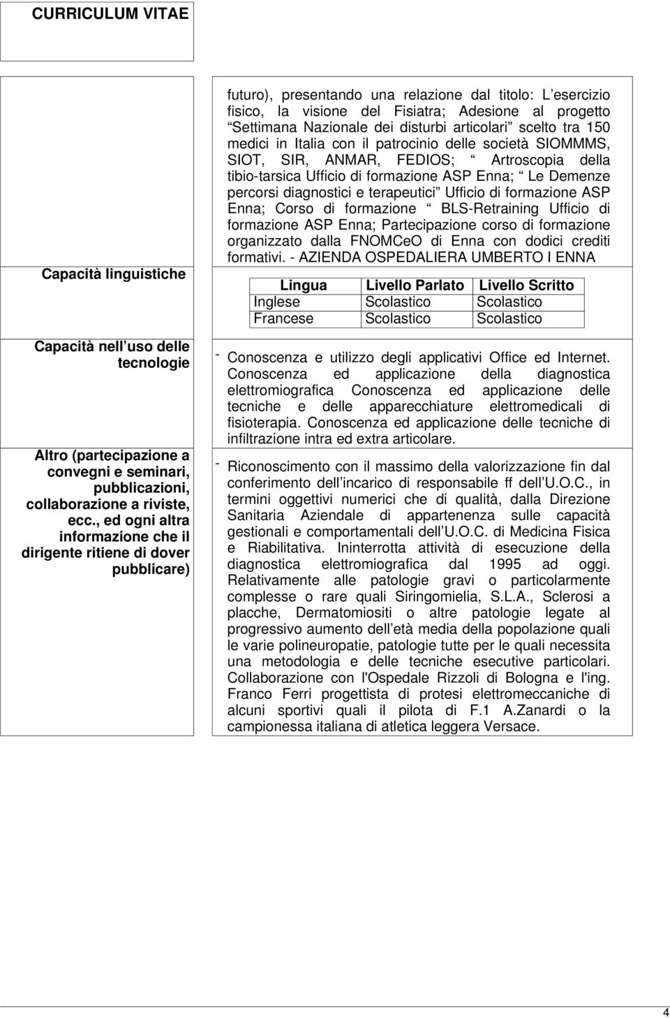 Nazionale dei disturbi articolari scelto tra 150 medici in Italia con il patrocinio delle società SIOMMMS, SIOT, SIR, ANMAR, FEDIOS; Artroscopia della tibio-tarsica Ufficio di formazione ASP Enna; Le