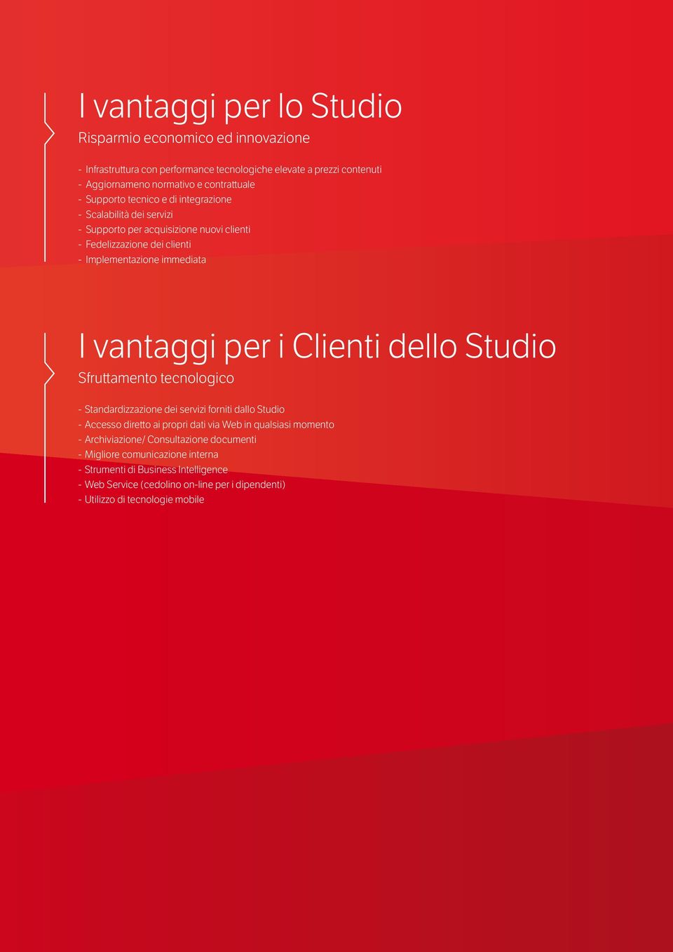 Clienti dello Studio Sfruttamento tecnologico - Standardizzazione dei servizi forniti dallo Studio - Accesso diretto ai propri dati via Web in qualsiasi momento -