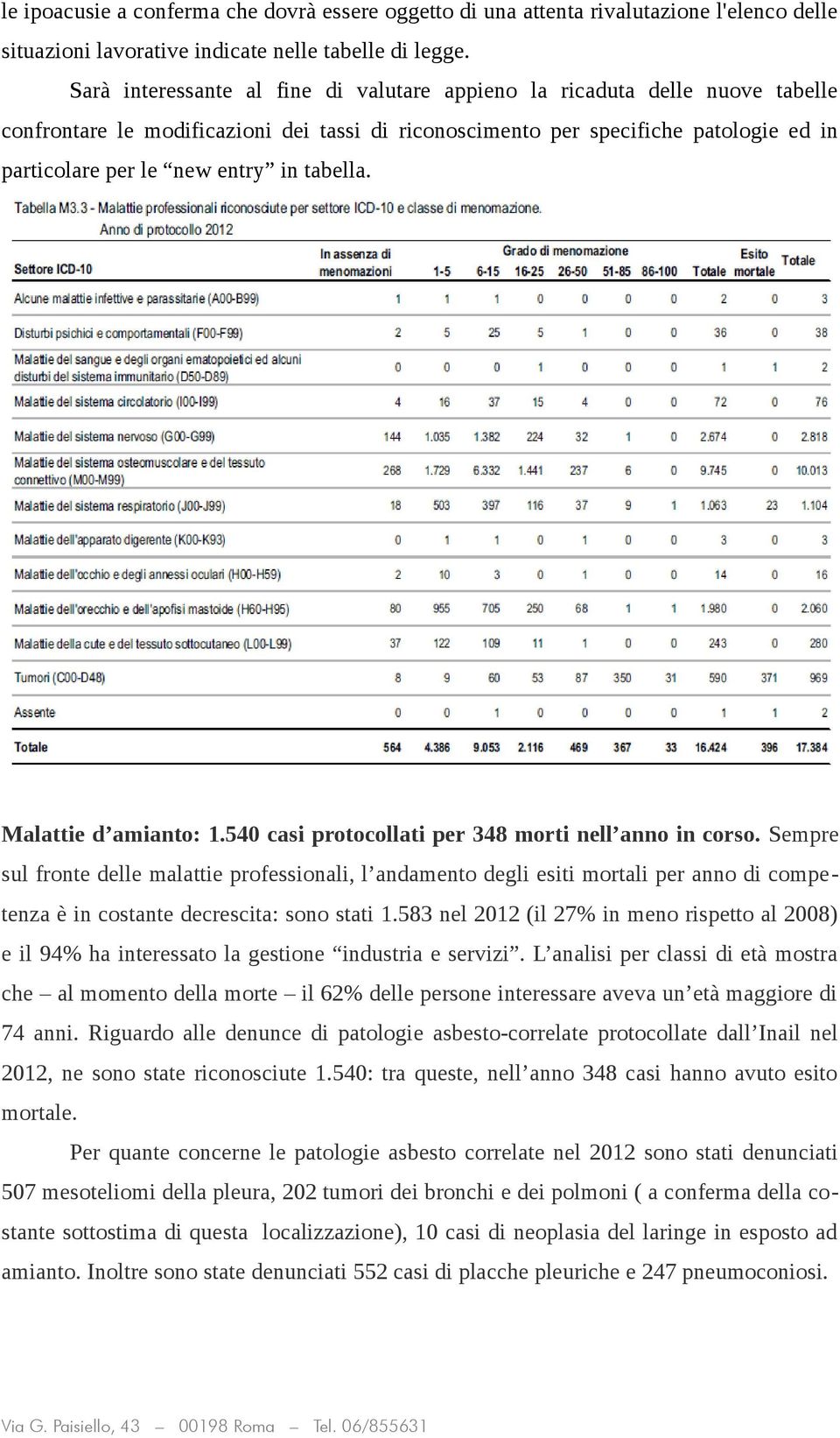 tabella. Malattie d amianto: 1.540 casi protocollati per 348 morti nell anno in corso.