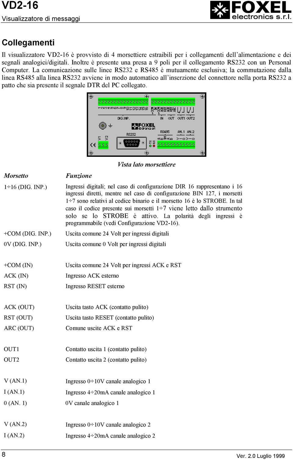 La comunicazione sulle linee RS232 e RS485 è mutuamente esclusiva; la commutazione dalla linea RS485 alla linea RS232 avviene in modo automatico all inserzione del connettore nella porta RS232 a