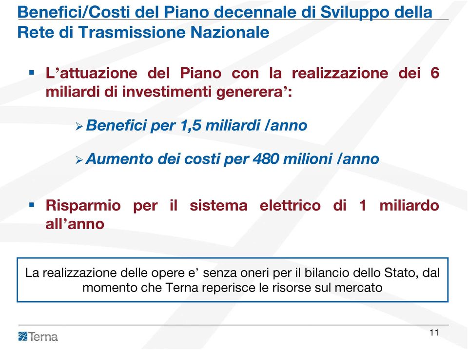 costi per 480 milioni /anno Risparmio per il sistema elettrico di 1 miliardo all annoanno La realizzazione