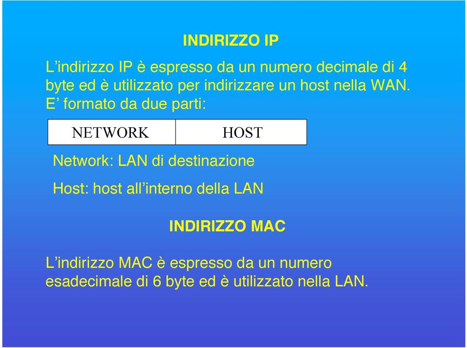 E formato da due parti: NETWORK HOST Network: LAN di destinazione Host: host all