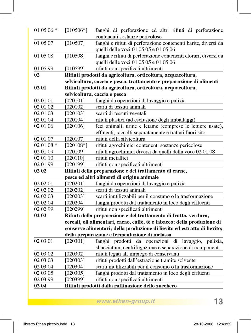 altrimenti 02 Rifiuti prodotti da agricoltura, orticoltura, acquacoltura, selvicoltura, caccia e pesca, trattamento e preparazione di alimenti 02 01 Rifiuti prodotti da agricoltura, orticoltura,