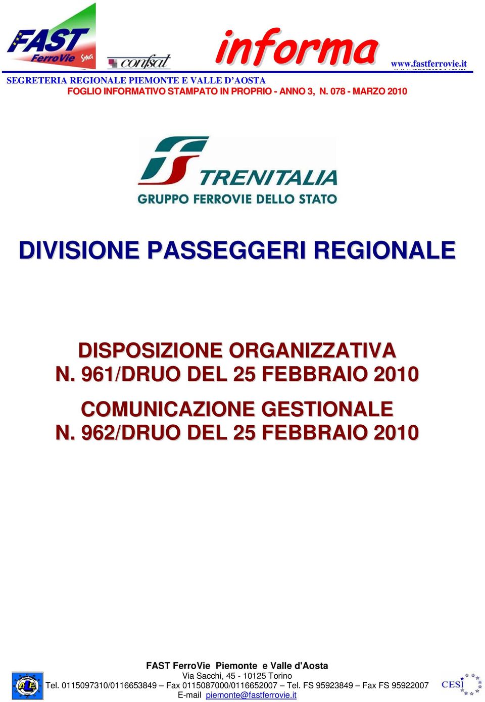 078 - MARZO 2010 DIVISIONE PASSEGGERI REGIONALE DISPOSIZIONE ORGANIZZATIVA N.