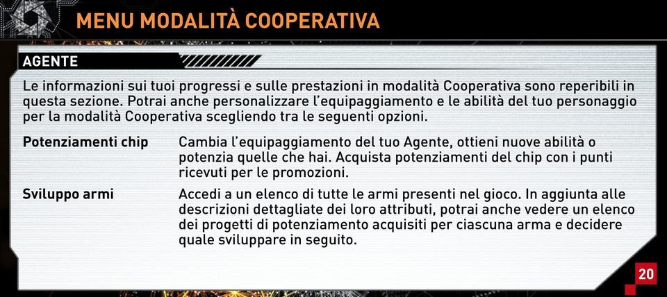 Potenziamenti chip Sviluppo armi cambia l equipaggiamento del tuo Agente, ottieni nuove abilità o potenzia quelle che hai.