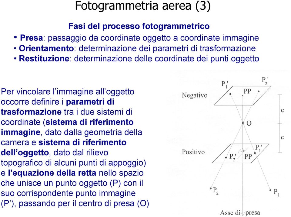 due sistemi di coordinate (sistema di riferimento immagine, dato dalla geometria della camera e sistema di riferimento dell oggetto, dato dal rilievo topografico di
