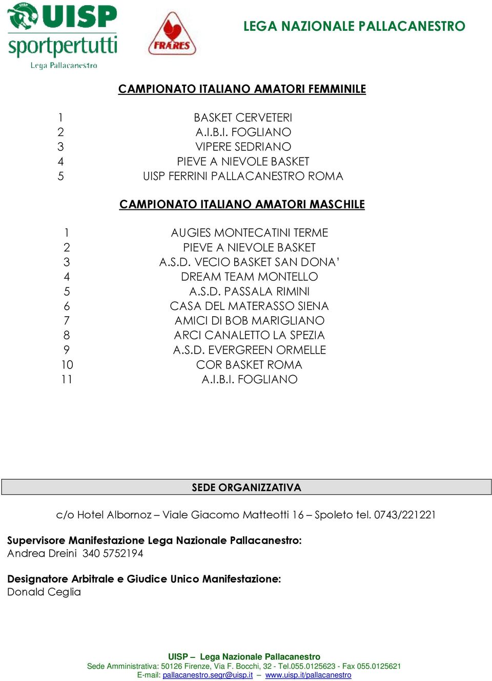 ALIANO AMATORI FEMMINILE 1 BASKET CERVETERI 2 A.I.B.I. FOGLIANO 3 VIPERE SEDRIANO 4 PIEVE A NIEVOLE BASKET 5 UISP FERRINI PALLACANESTRO ROMA ALIANO AMATORI MASCHILE 1 AUGIES MONTECATINI TERME 2 PIEVE A NIEVOLE BASKET 3 A.