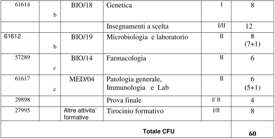 6 MED/04 Patologia generale, Immunologia e Lab II 6 (5+1) 29898 Prova finale