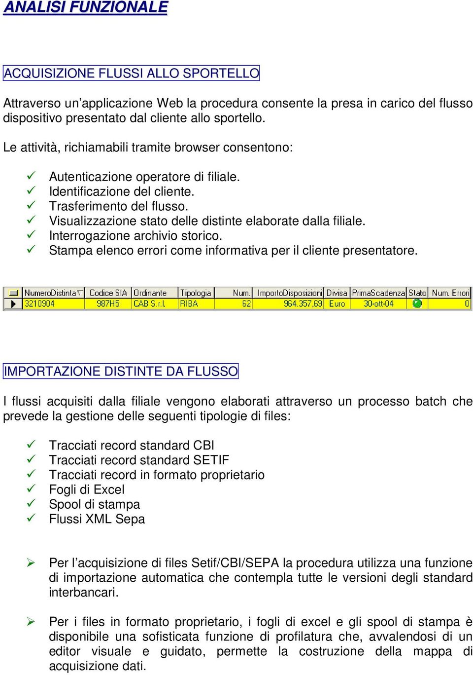 Visualizzazione stato delle distinte elaborate dalla filiale. Interrogazione archivio storico. Stampa elenco errori come informativa per il cliente presentatore.