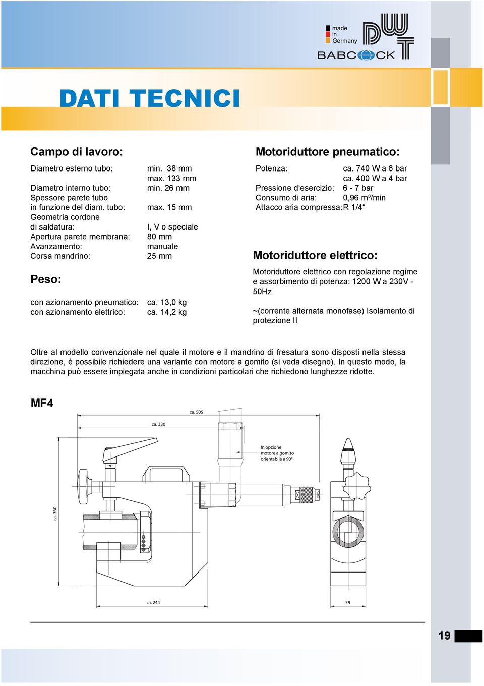 15 mm I, V o speciale 80 mm manuale 25 mm ca. 13,0 kg ca. 14,2 kg Motoriduttore pneumatico: Potenza: ca. 740 W a 6 bar ca.