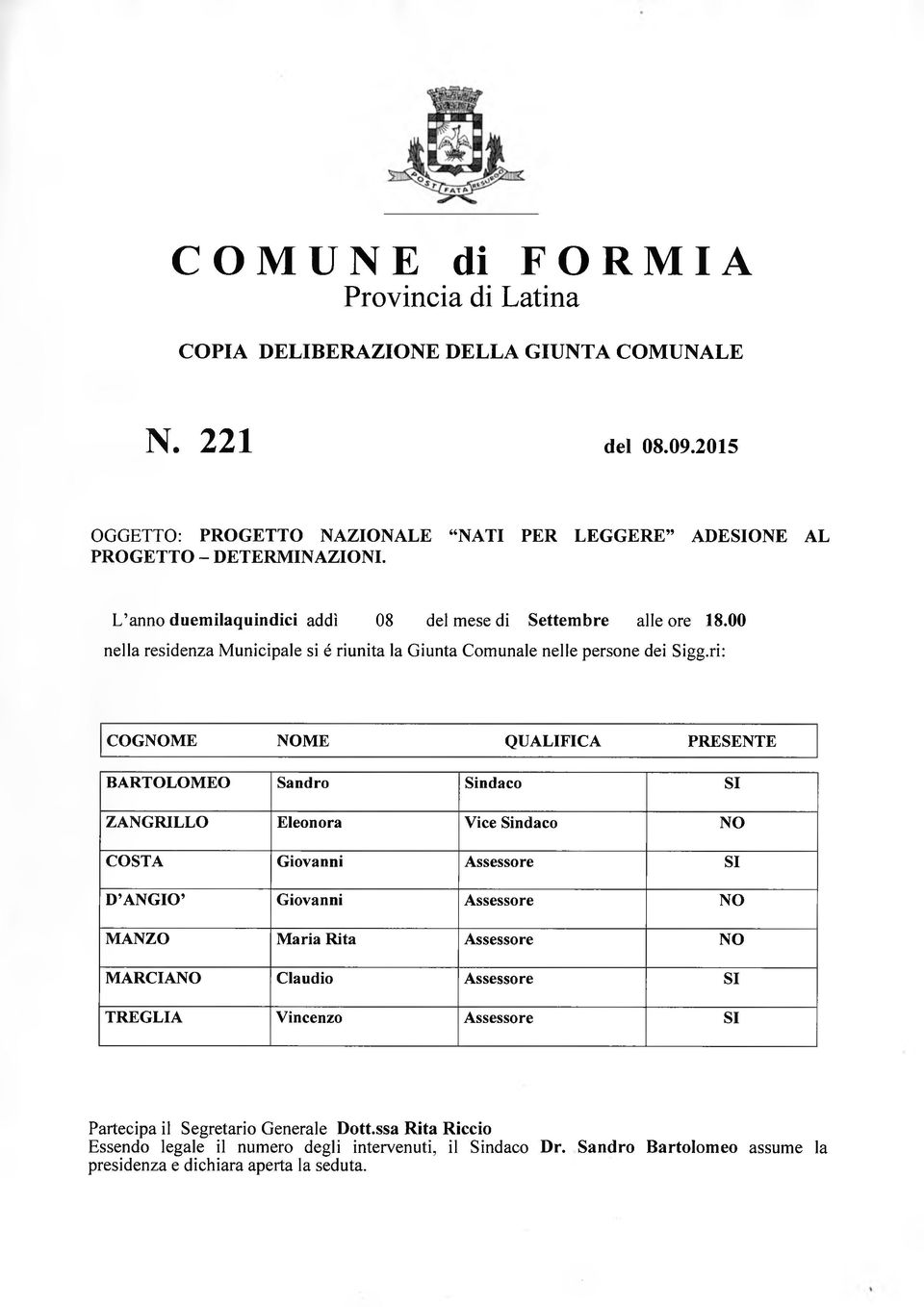 ri: COGNOME NOME QUALIFICA PRESENTE BARTOLOMEO Sandro Sindaco SI ZANGRILLO Eleonora Vice Sindaco NO COSTA Giovanni Assessore SI D ANGIO Giovanni Assessore NO MANZO Maria Rita Assessore NO