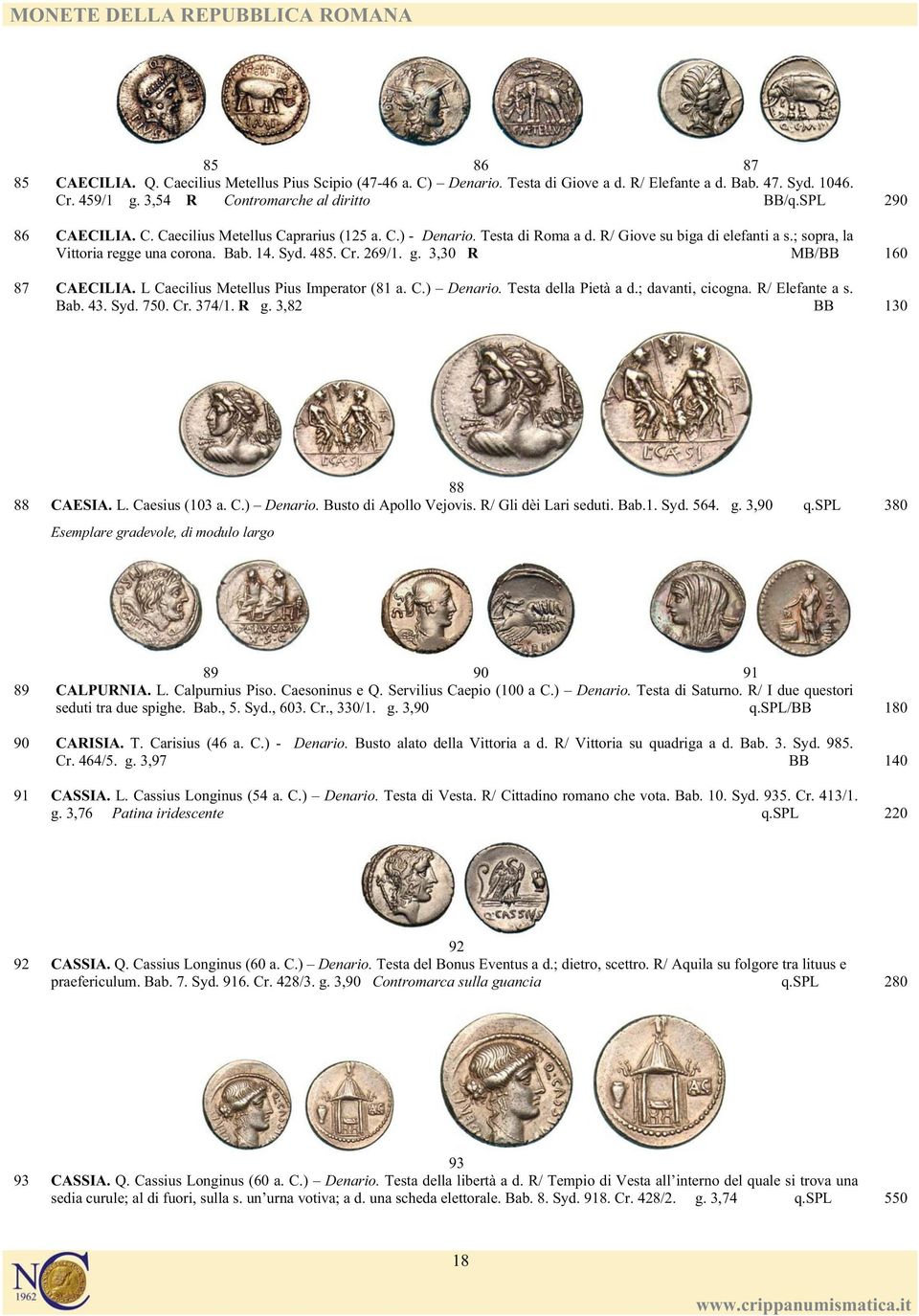 ; sopra, la Vittoria regge una corona. Bab. 14. Syd. 485. Cr. 269/1. g. 3,30 R MB/BB 160 87 CAECILIA. L Caecilius Metellus Pius Imperator (81 a. C.) Denario. Testa della Pietà a d.; davanti, cicogna.