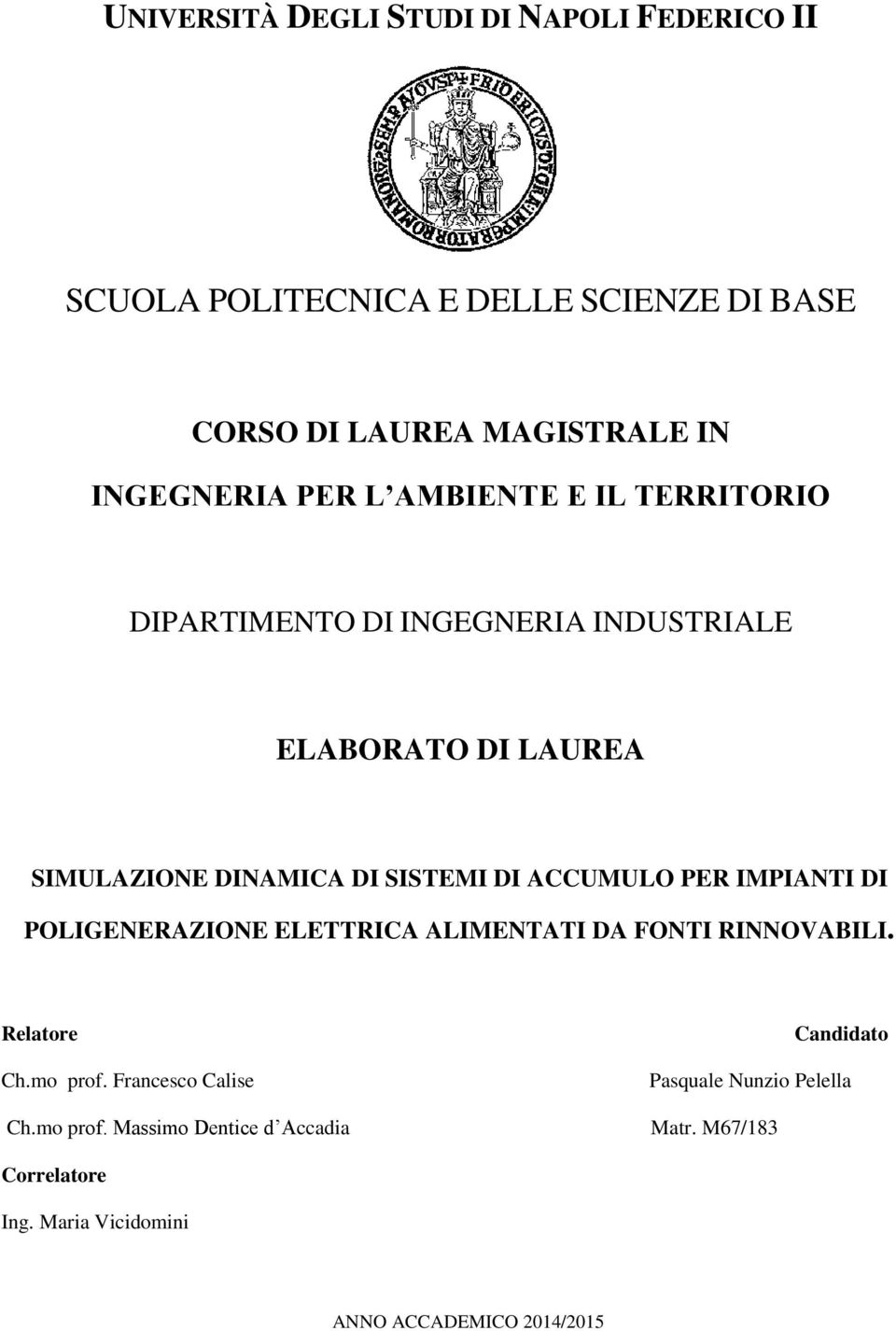 ACCUMULO PER IMPIANTI DI POLIGENERAZIONE ELETTRICA ALIMENTATI DA FONTI RINNOVABILI. Relatore Ch.mo prof.