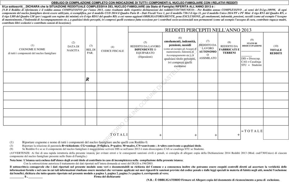 B il Reddito di riferimento è il reddito annuo COMPLESSIVO per l'anno 2013, come risultante dalle rispettive dichiarazioni dei redditi(cud/730/unico) - Per Reddito annuo COMPLESSIVO, ai sensi del D.