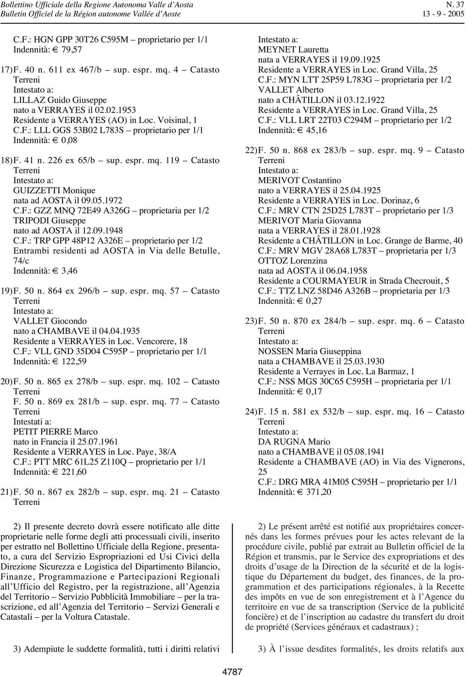 09.1948 C.F.: TRP GPP 48P12 A326E proprietario per 1/2 Entrambi residenti ad AOSTA in Via delle Betulle, 74/c Indennità: 3,46 19)F. 50 n. 864 ex 296/b sup. espr. mq.
