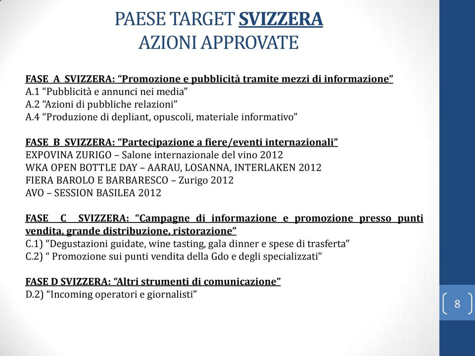 AARAU, LOSANNA, INTERLAKEN 2012 FIERA BAROLO E BARBARESCO Zurigo 2012 AVO SESSION BASILEA 2012 FASE C SVIZZERA: Campagne di informazione e promozione presso punti vendita, grande distribuzione,