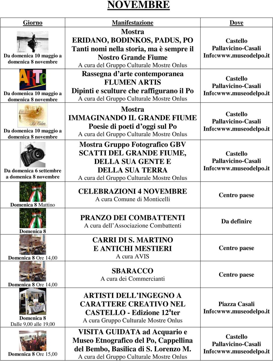 Ore 14,00 Domenica 8 Ore 14,00 Domenica 8 Dalle 9,00 alle 19,00 Domenica 8 Ore 15,00 CELEBRAZIONI 4 NOVEMBRE A cura Comune di Monticelli PRANZO DEI COMBATTENTI A cura dell Associazione Combattenti