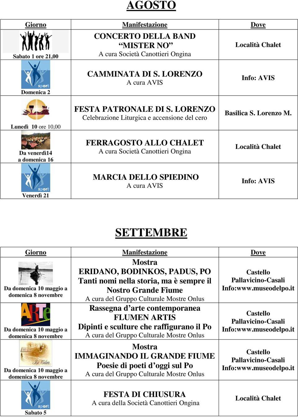 LORENZO Celebrazione Liturgica e accensione del cero FERRAGOSTO ALLO CHALET A cura Società Canottieri Ongina MARCIA DELLO SPIEDINO A cura AVIS Info: AVIS Basilica S. Lorenzo M.