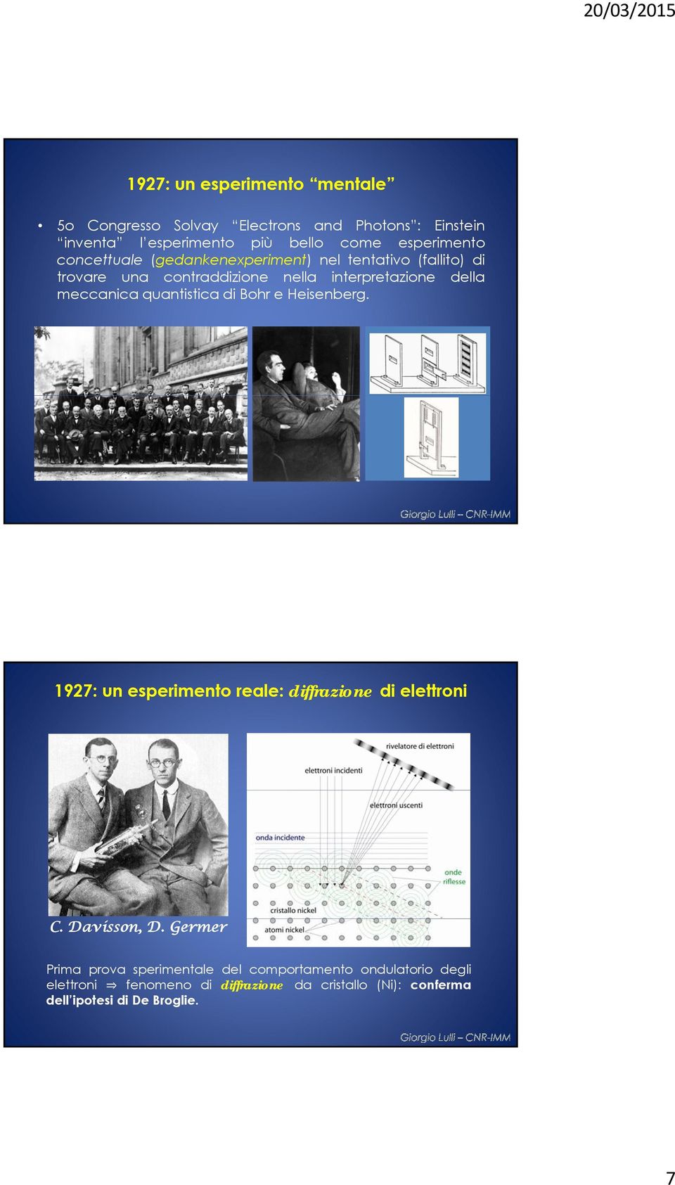 meccanica quantistica di Bohr e Heisenberg. 1927: un esperimento reale: diffrazione di elettroni C. Davisson, D.