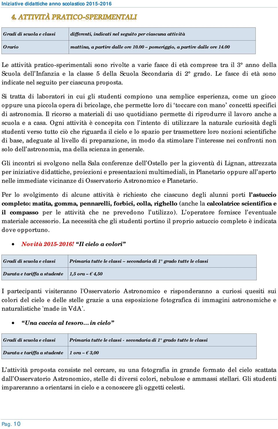 Le fasce di età sono indicate nel seguito per ciascuna proposta.