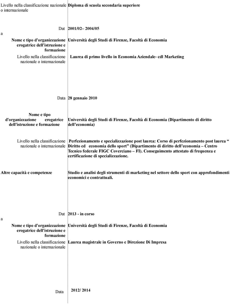 Nome e tipo d'organizzazione erogatrice dell'istruzione e formazione Università degli Studi di Firenze, Facoltà di Economia (Dipartimento di diritto dell economia) Livello nella classificazione