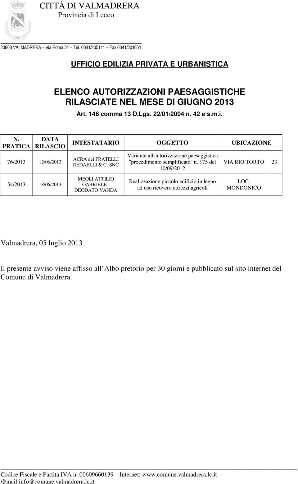 175 del 10/09/2012 VIA RIO TORTO 23 54/2013 18/06/2013 MEOLI ATTILIO GABRIELE - DEODATO VANDA