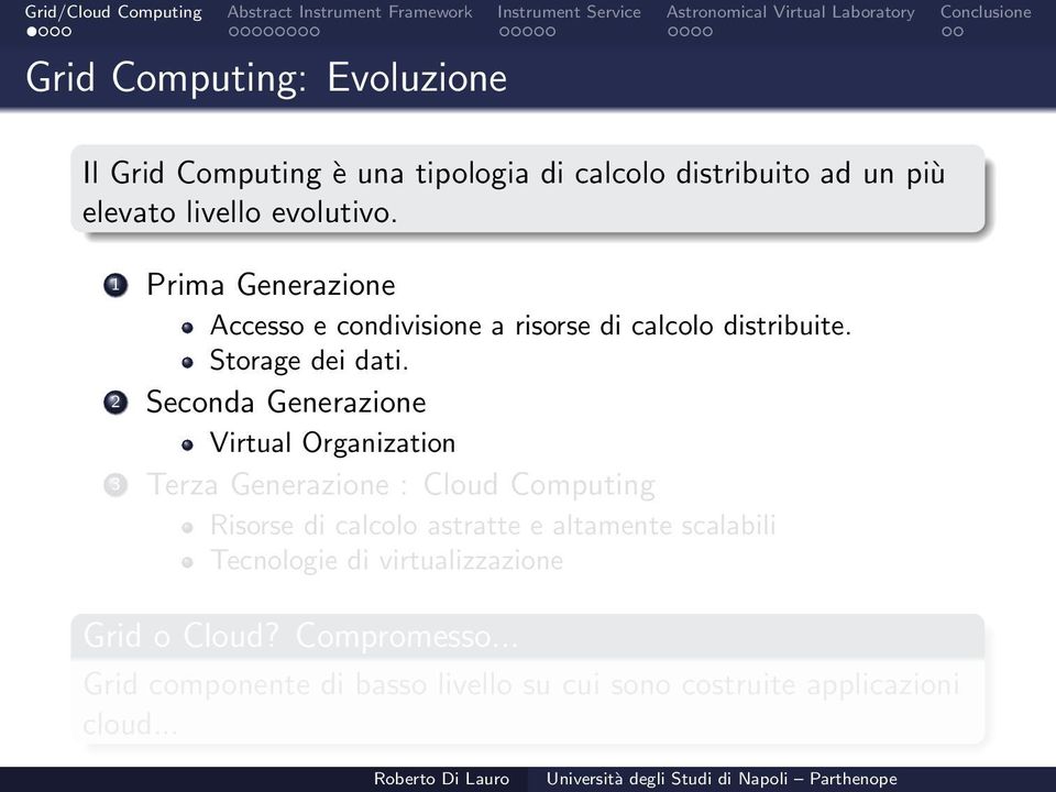 2 Seconda Generazione Virtual Organization 3 Terza Generazione : Cloud Computing Risorse di calcolo astratte e altamente