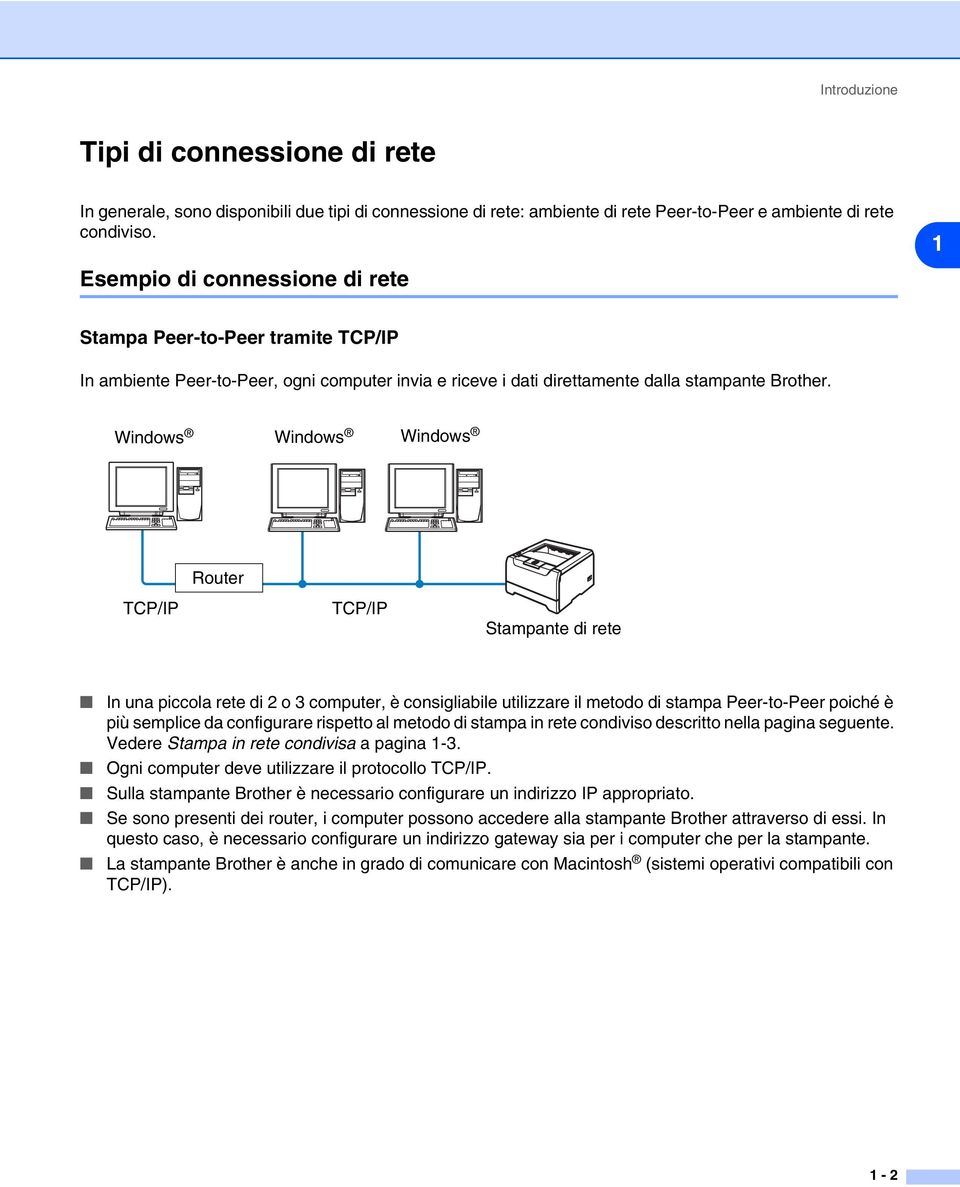 Windows Windows Windows Router TCP/IP TCP/IP Stampante di rete In una piccola rete di 2 o 3 computer, è consigliabile utilizzare il metodo di stampa Peer-to-Peer poiché è più semplice da configurare
