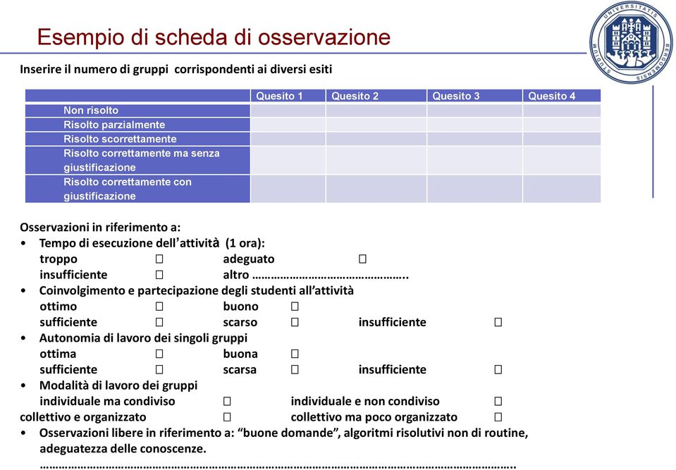 . Coinvolgimento e partecipazione degli studenti all attività ottimo buono sufficiente scarso insufficiente Autonomia di lavoro dei singoli gruppi ottima buona sufficiente scarsa insufficiente