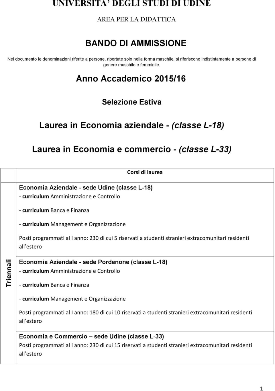 Anno Accademico 2015/16 Selezione Estiva Laurea in Economia aziendale - (classe L-18) Laurea in Economia e commercio - (classe L-33) Corsi di laurea Economia Aziendale - sede Udine (classe L-18) -