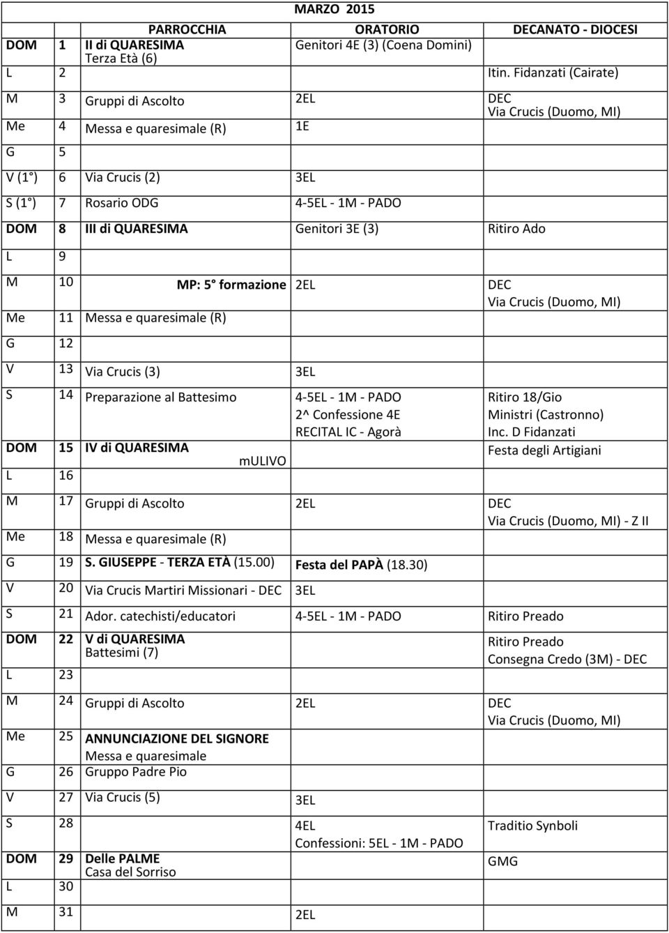 3E (3) Ritiro Ado L 9 M 10 MP: 5 formazione 2EL DEC Via Crucis (Duomo, MI) Me 11 Messa e quaresimale (R) G 12 V 13 Via Crucis (3) 3EL S 14 Preparazione al Battesimo 4 5EL 1M PADO 2^ Confessione 4E