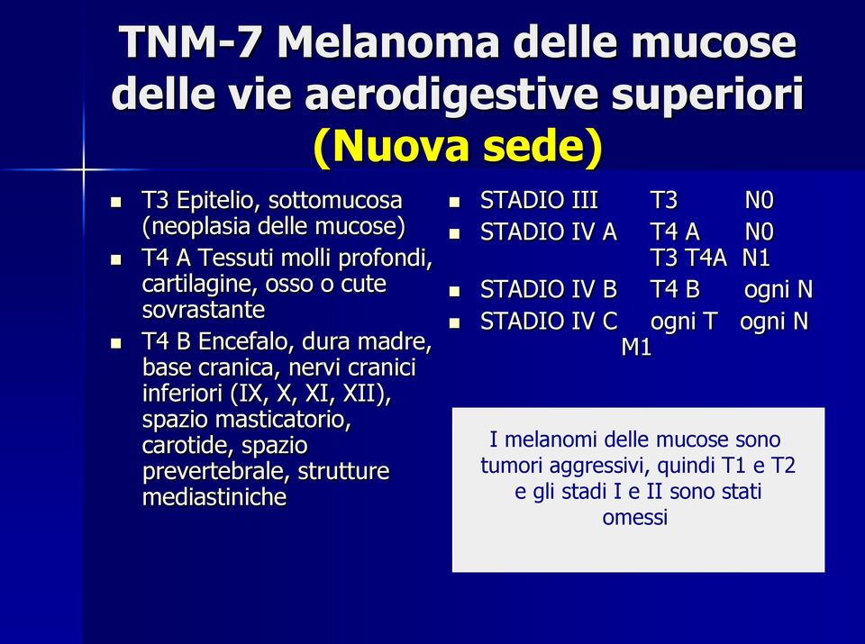 spazio masticatorio, carotide, spazio prevertebrale, strutture mediastiniche STADIO III T3 N0 STADIO IV A T4 A N0 T3 T4A N1 STADIO IV B