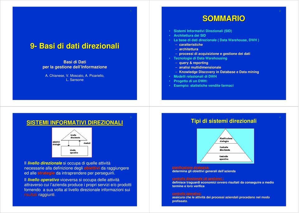 Tecnologie di Data Warehousing query & reporting analisi multidimensionale Knowledge Discovery in Database e Data mining Modelli relazionali di DWH Progetto di un DWH: Esempio: statistiche vendite