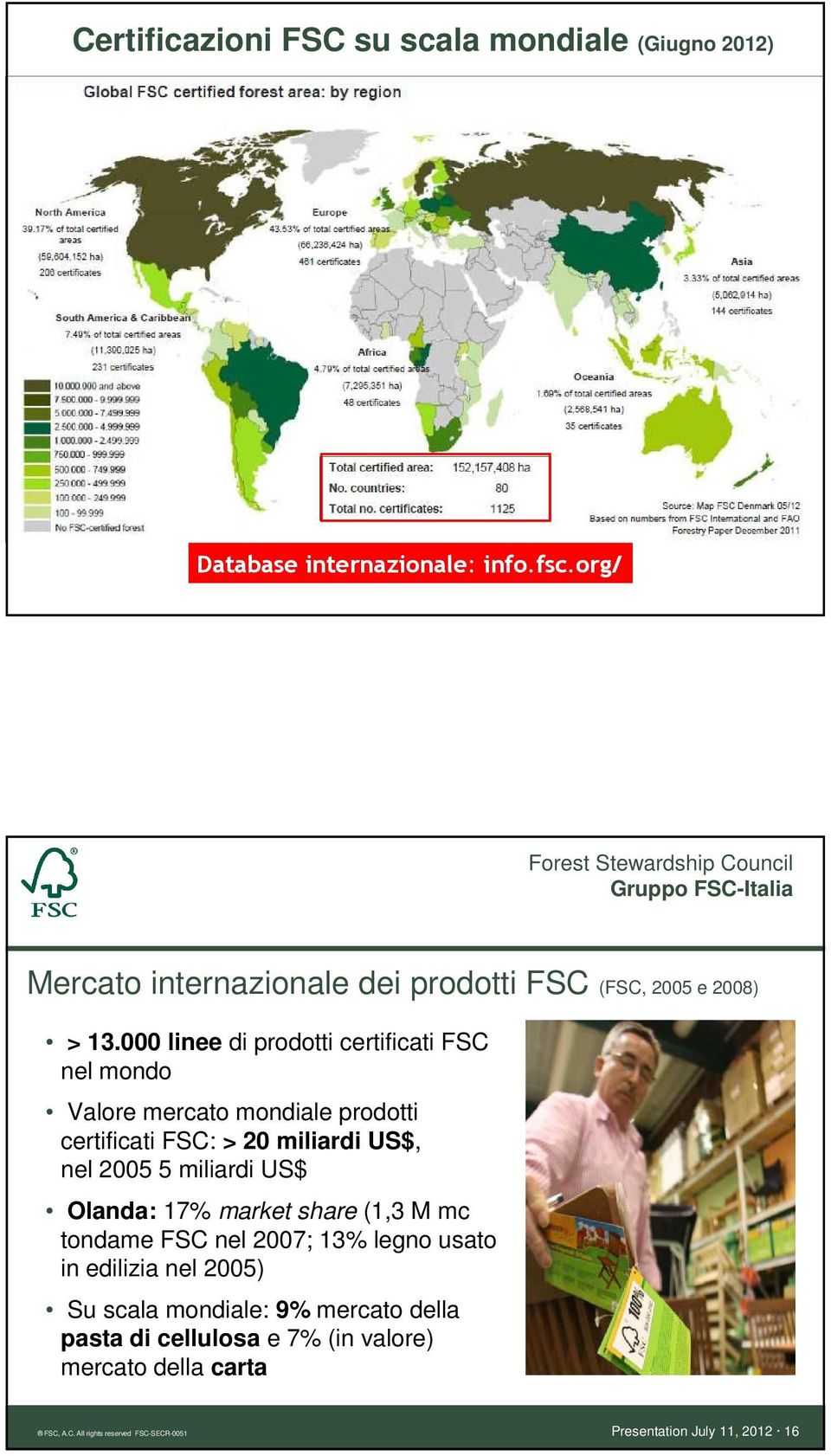 000 linee di prodotti certificati FSC nel mondo Valore mercato mondiale prodotti certificati FSC: > 20 miliardi US$, nel 2005 5 miliardi