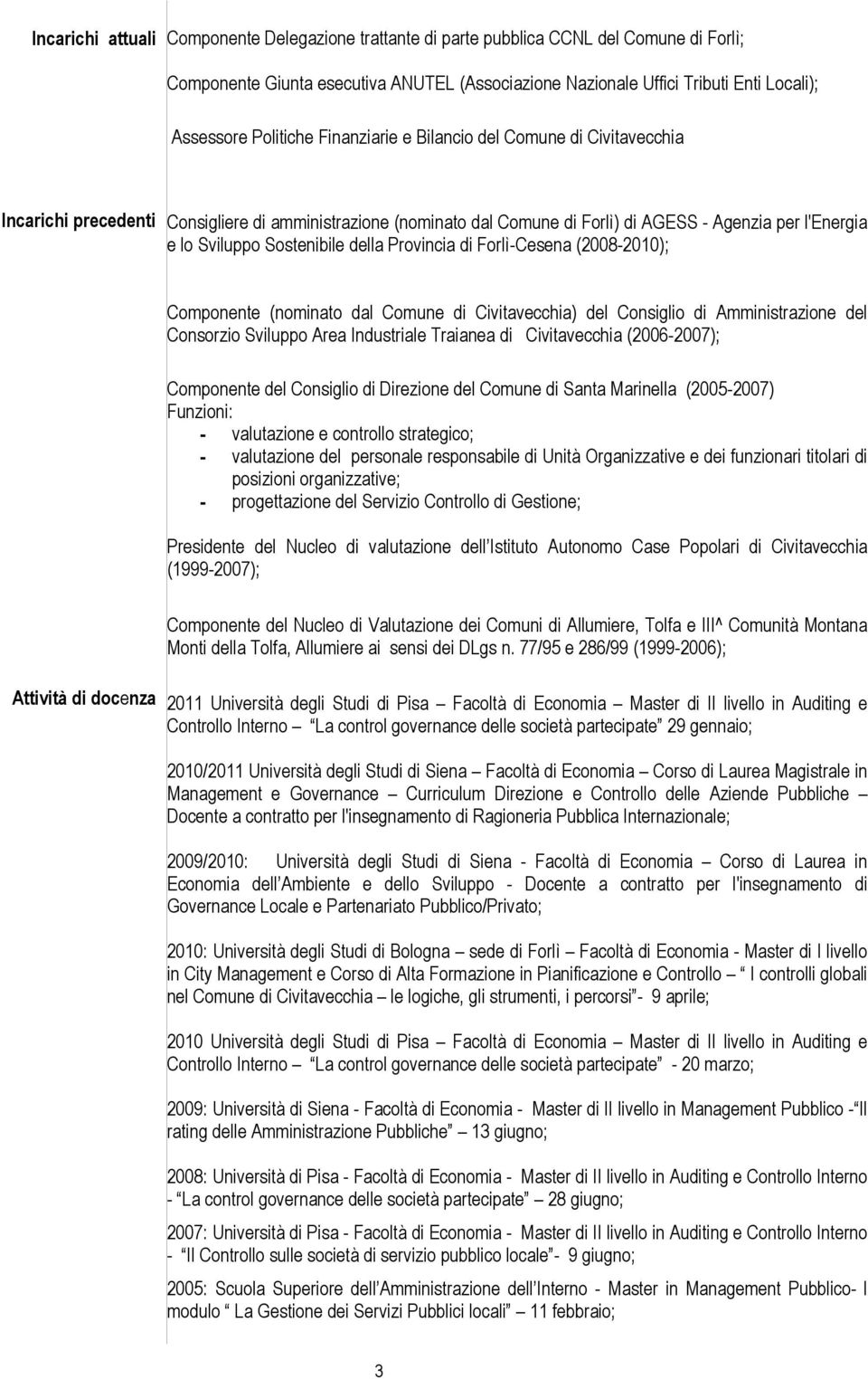 Sostenibile della Provincia di Forlì-Cesena (2008-2010); Componente (nominato dal Comune di Civitavecchia) del Consiglio di Amministrazione del Consorzio Sviluppo Area Industriale Traianea di