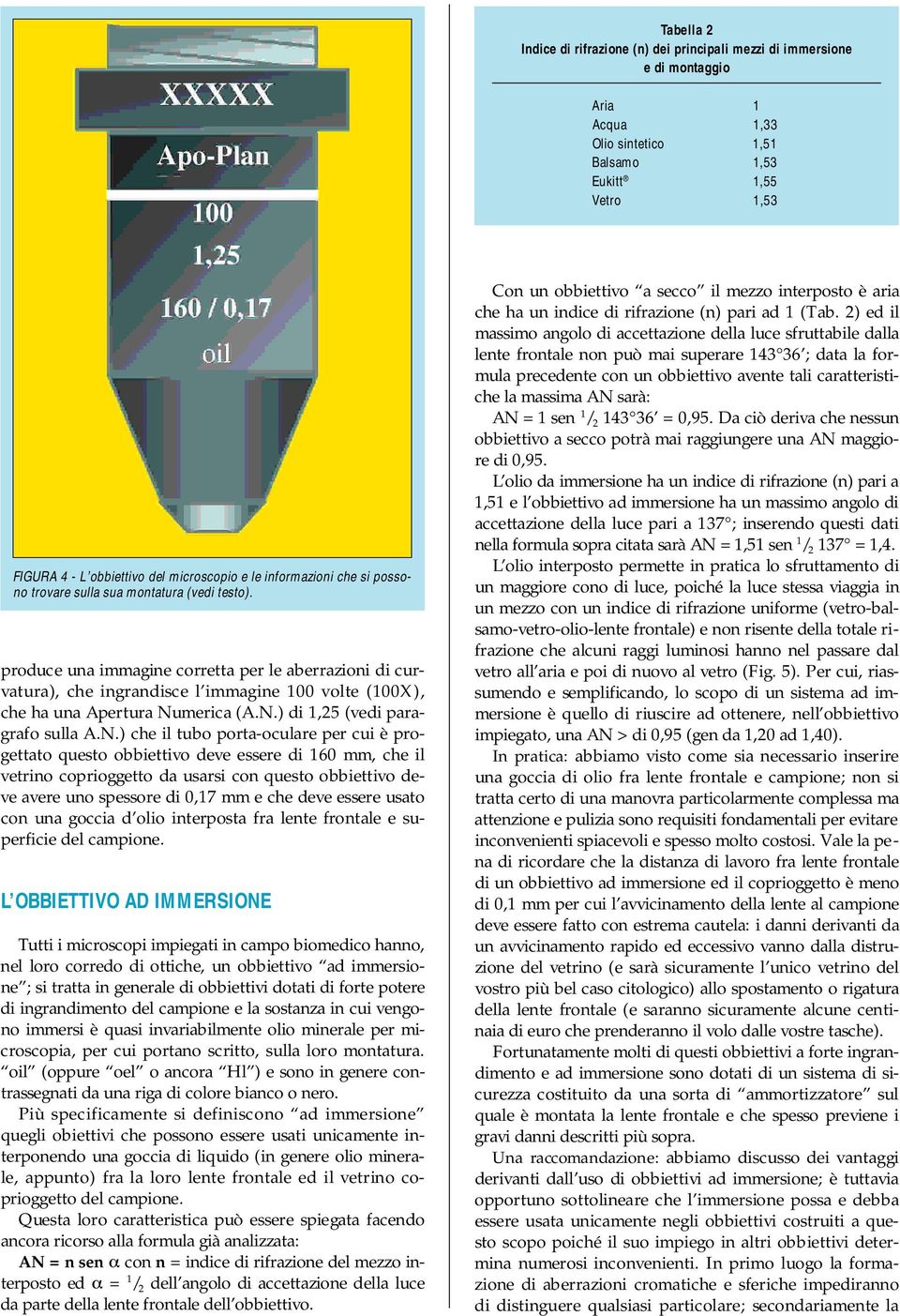 produce una immagine corretta per le aberrazioni di curvatura), che ingrandisce l immagine 100 volte (100X), che ha una Apertura Nu