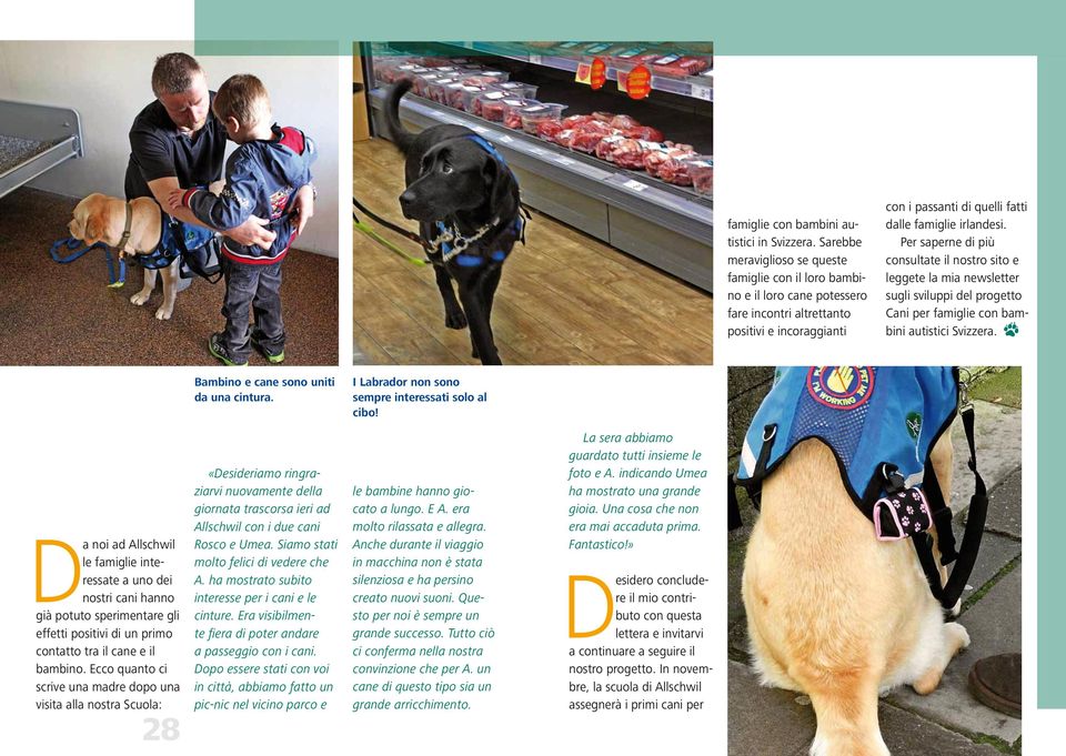 Per saperne di più consultate il nostro sito e leggete la mia newsletter sugli sviluppi del progetto Cani per famiglie con bambini autistici Svizzera. Bambino e cane sono uniti da una cintura.