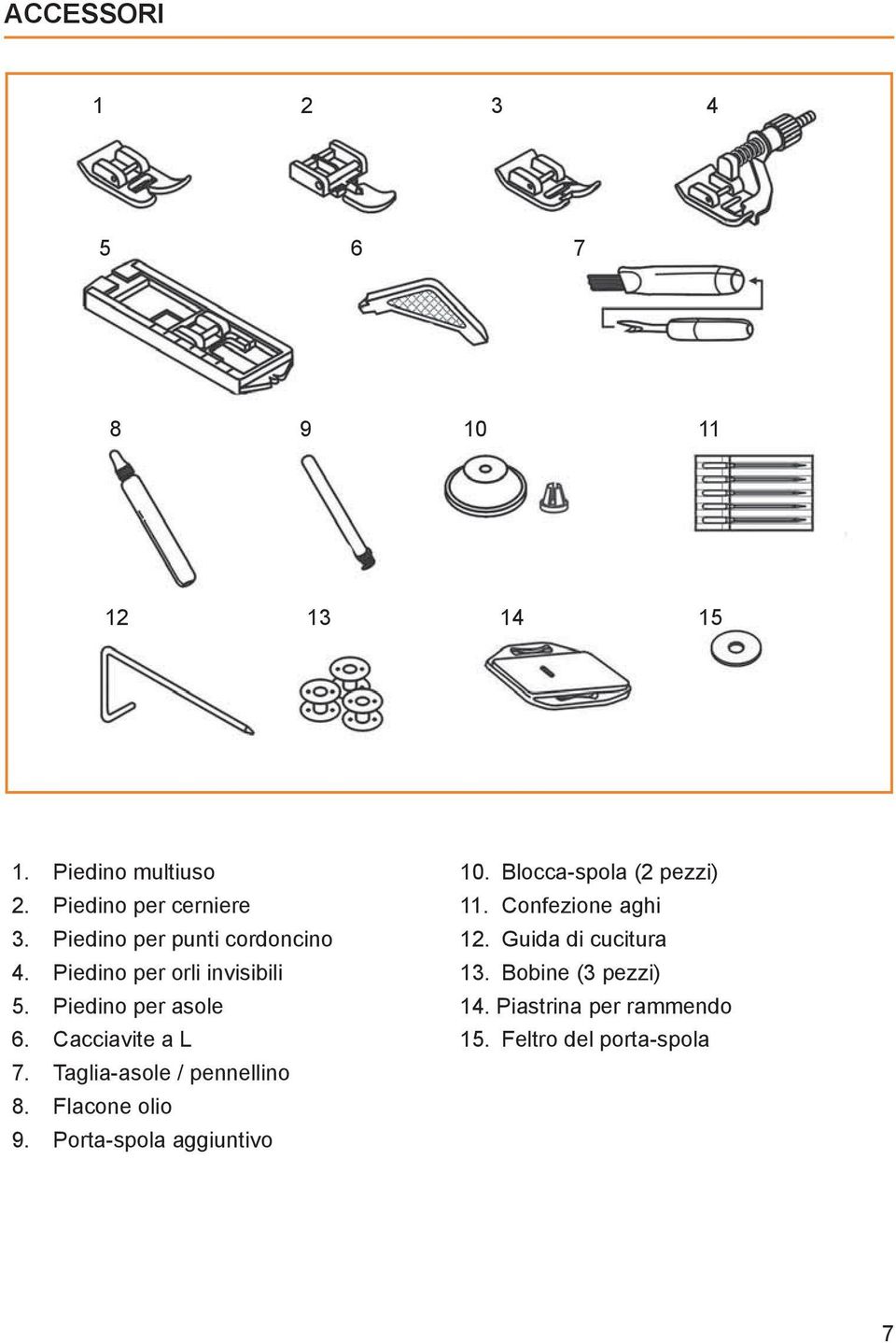 Taglia-asole / pennellino 8. Flacone olio 9. Porta-spola aggiuntivo 10. Blocca-spola (2 pezzi) 11.