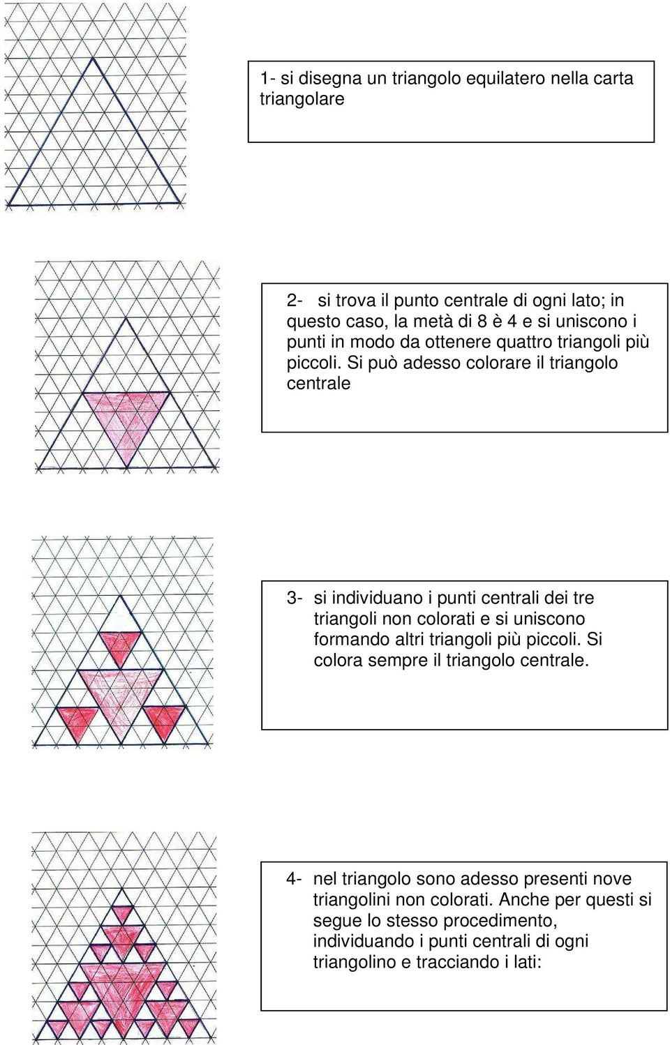 Si può adesso colorare il triangolo centrale 3- si individuano i punti centrali dei tre triangoli non colorati e si uniscono formando altri triangoli