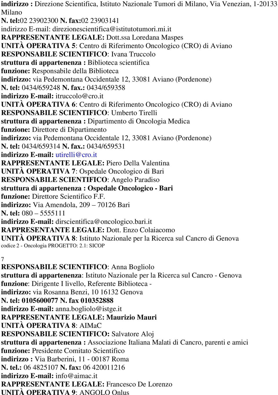 ssa Loredana Maspes UNITÀ OPERATIVA 5: Centro di Riferimento Oncologico (CRO) di Aviano RESPONSABILE SCIENTIFICO: Ivana Truccolo struttura di appartenenza : Biblioteca scientifica funzione: