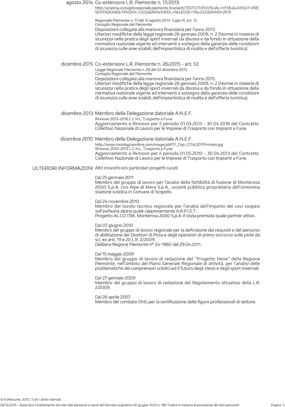 26 del 22 dicembre 2015 Disposizioni collegate alla manovra finanziaria per l'anno 2015. dicembre 2013 Membro della Delegazione datoriale A.N.E.F. Rinnovo 2013-2016 C.C.N.L.