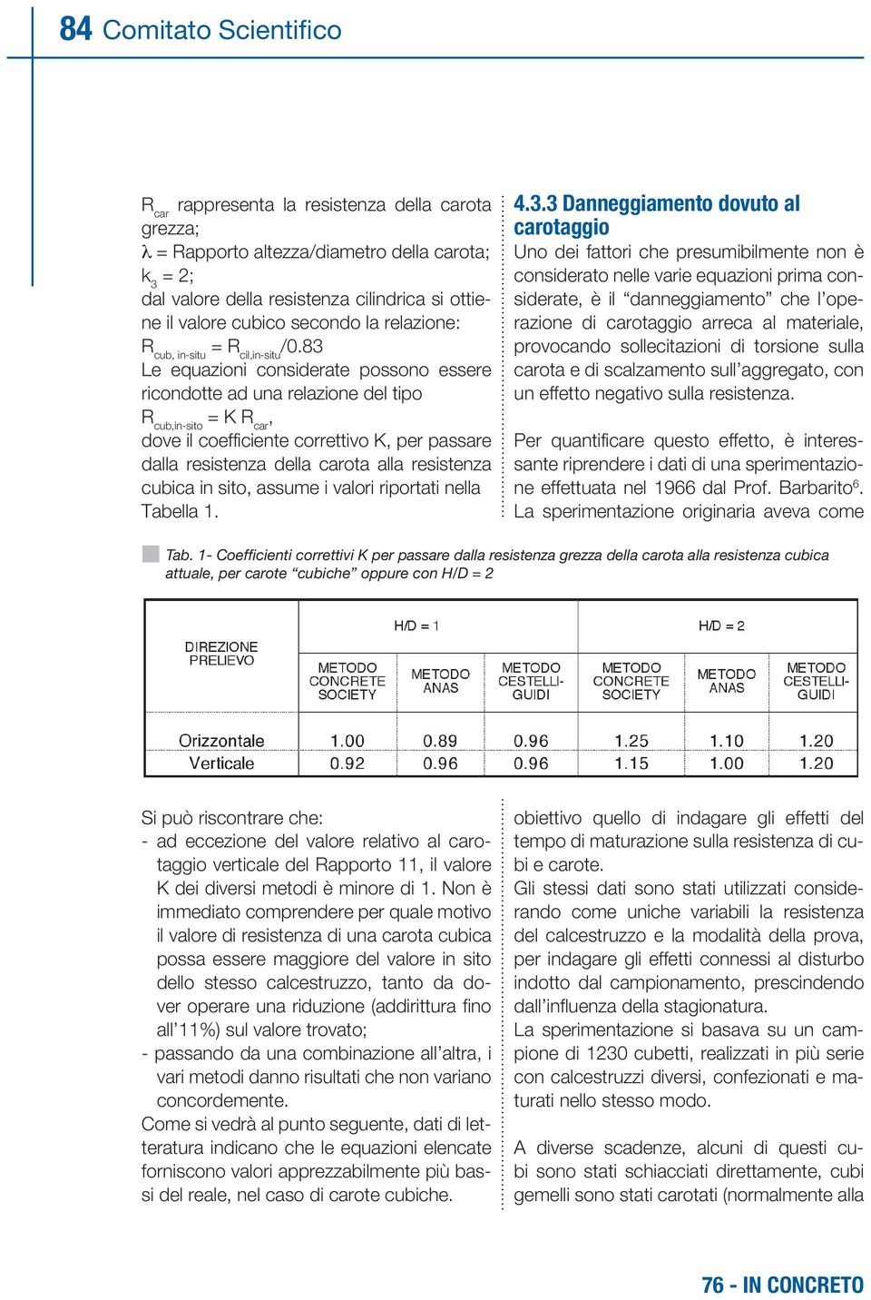 83 Le equazioni considerate possono essere ricondotte ad una relazione del tipo R cub,in-sito = K R car, dove il coefficiente correttivo K, per passare dalla resistenza della carota alla resistenza