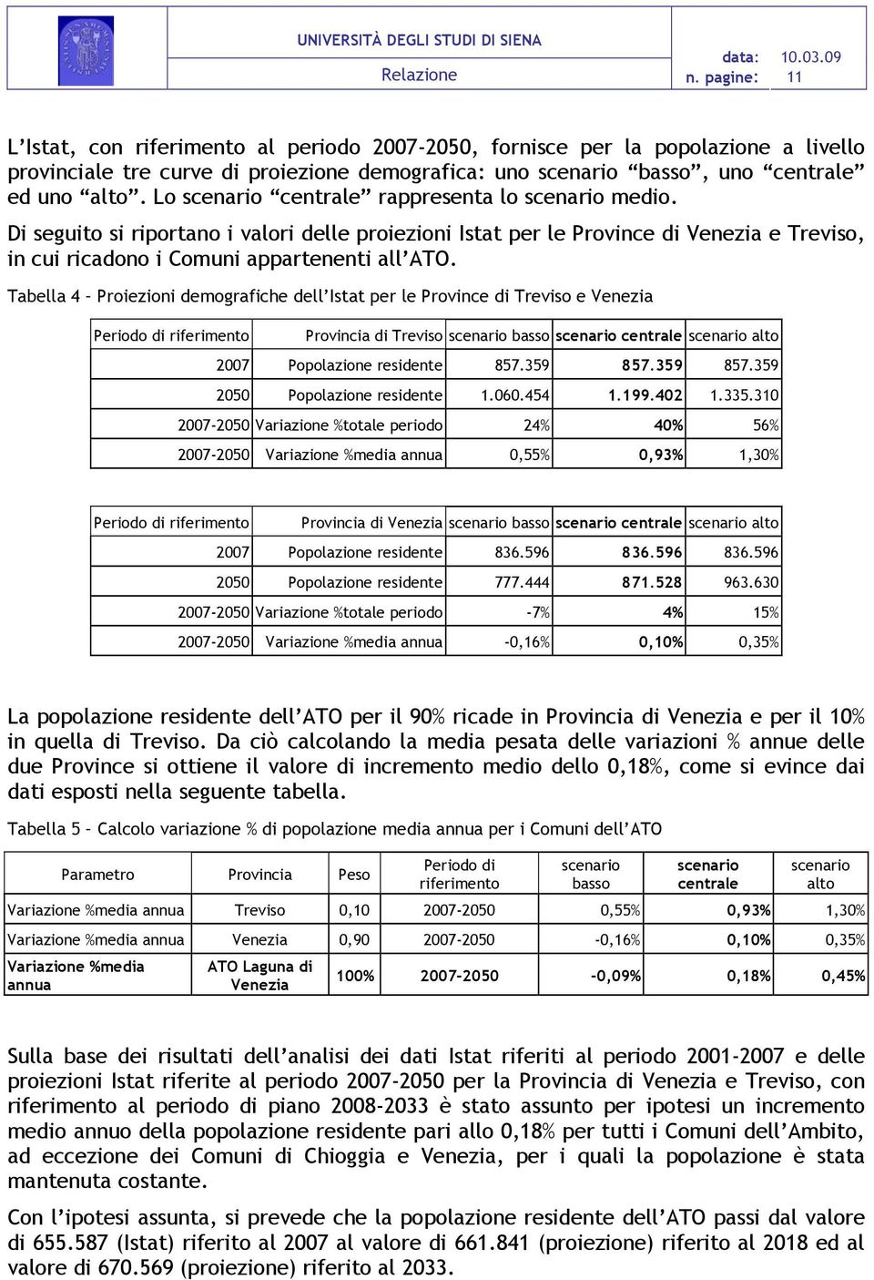 Tabella 4 Proiezioni demografiche dell Istat per le Province di Treviso e Venezia Periodo di riferimento Provincia di Treviso scenario basso scenario centrale scenario alto 2007 Popolazione residente