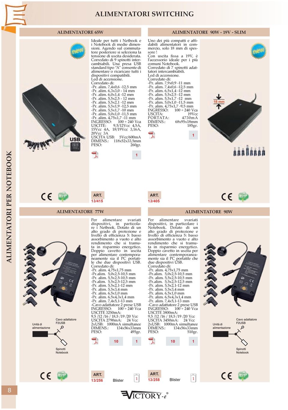 Una presa USB standard tipo A consente di alimentare o ricaricare tutti i dispositivi compatibili. Led di accensione. -Pr. alim. 7,4x0,6-2,5 mm -Pr. alim. 6,3x3,0-4 mm -Pr. alim. 6,0x,4-2 mm -Pr.