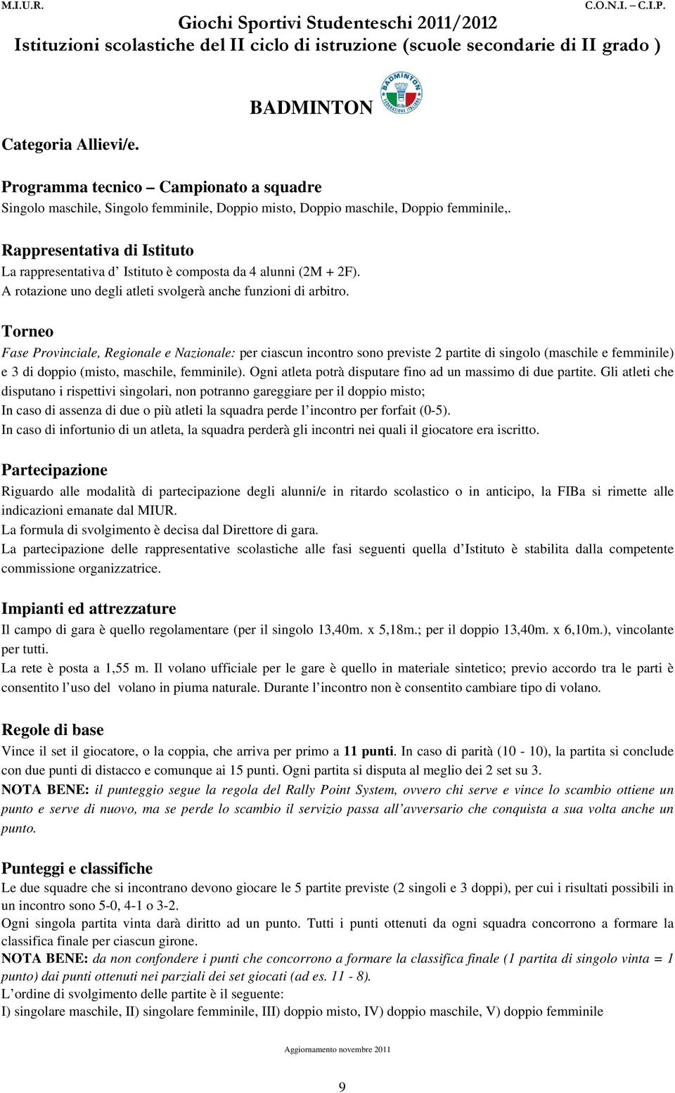 Torneo Fase Provinciale, Regionale e Nazionale: per ciascun incontro sono previste 2 partite di singolo (maschile e femminile) e 3 di doppio (misto, maschile, femminile).