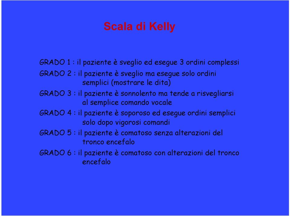 comando vocale GRADO 4 : il paziente è soporoso ed esegue ordini semplici solo dopo vigorosi comandi GRADO 5 : il