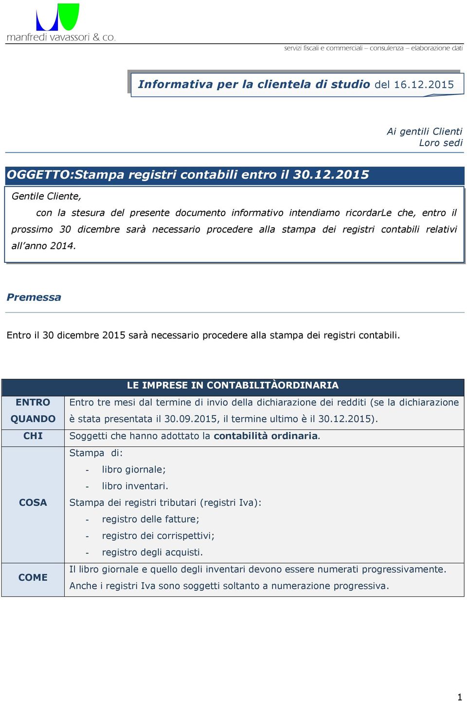 2015 Gentile Cliente, con la stesura del presente documento informativo intendiamo ricordarle che, entro il prossimo 30 dicembre sarà necessario procedere alla stampa dei registri contabili relativi