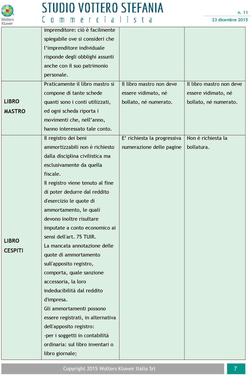 essere vidimato, né bollato, né numerato. MASTRO ed ogni scheda riporta i movimenti che, nell anno, hanno interessato tale conto.