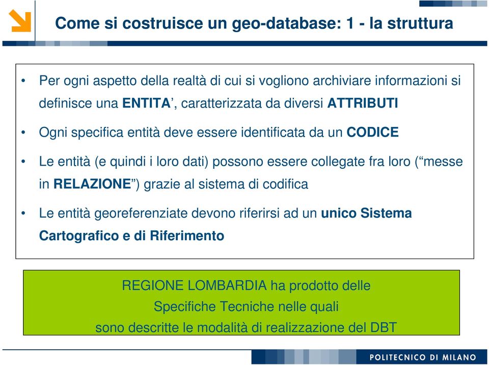 essere collegate fra loro ( messe in RELAZIONE ) grazie al sistema di codifica Le entità georeferenziate devono riferirsi ad un unico Sistema